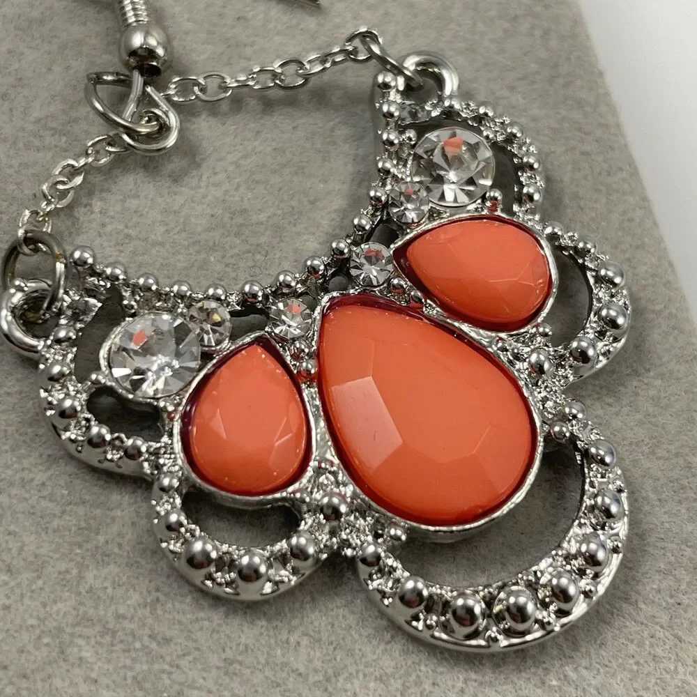 Silver Tone Orange White Rhinestone Statement Bold Dangle Earrings Hook Setting